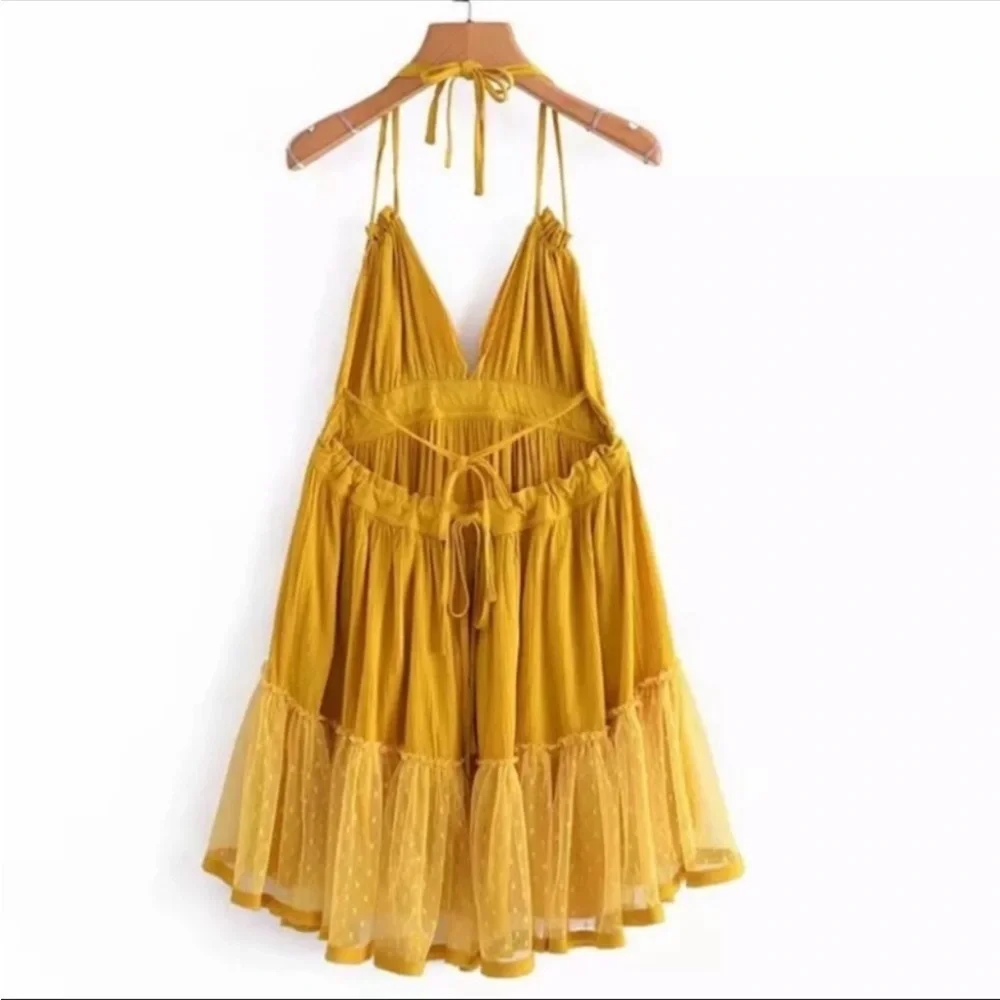 CLOSEOUT SALE New! Mustard Swiss Dot Ruffle Halter Dress - Picture 8 of 8